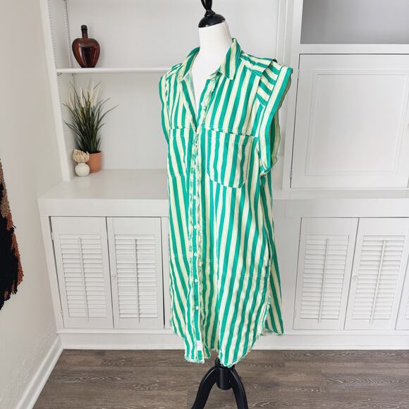 Free People We the Free 100% Cotton Green Stripe Midi Shirt Dress Size L - Picture 3 of 8
